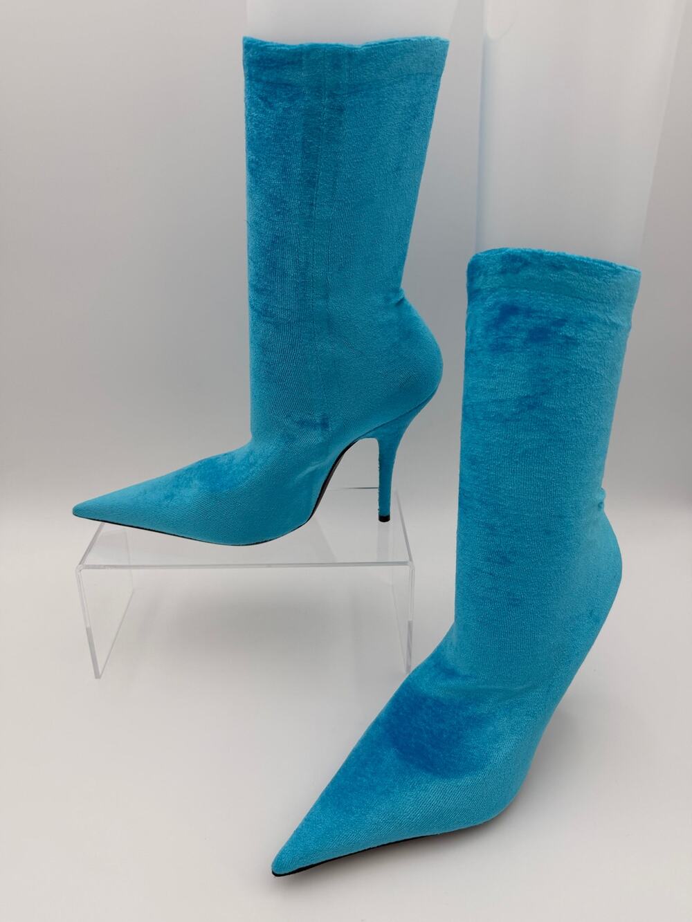 Balenciaga Knife Sock Booties Blue Velvet Stretch Size 3.5 / 8.5 Stiletto Point